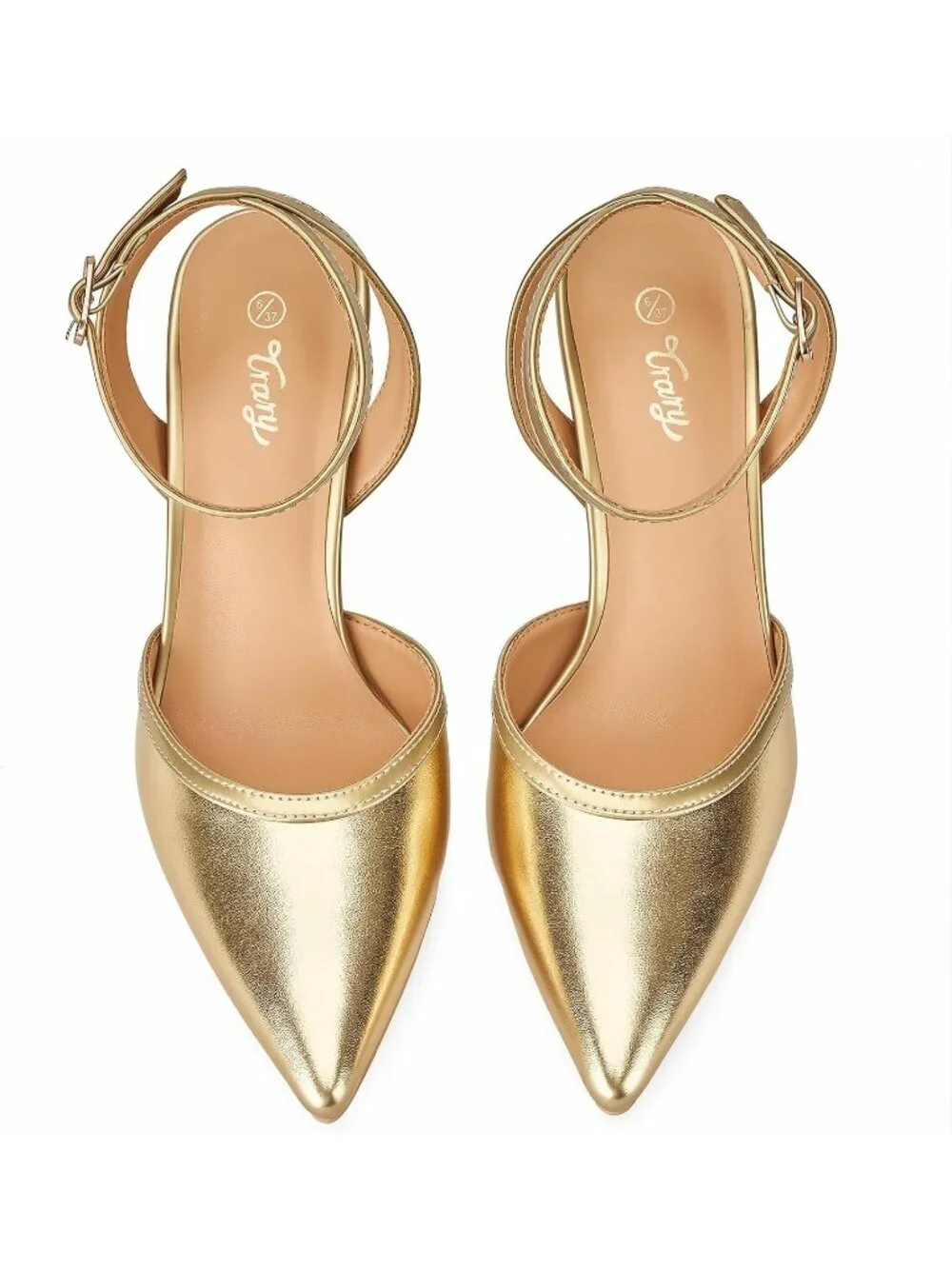 Women's Gold Pu Slingback Pointed Toe Stiletto Heels Ankle Strap Dress Shoes